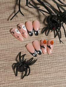 VV MEI JIA ER 24Pcs Halloween Nails Medium Long Almond Acrylic Nail Suppliers Spooky Fake Nails With Halloween Themed Designed Press On Nails, Black French Tip Nails (Ghosts, Pumpkin Witches, Vampires, Blood, Cobwebs) + 1Pc Jelly Gel + 1Pc Nail File Nail Supplies Nails - Multicolor - View 4