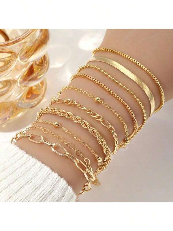 Set de 10-5 piezas de pulseras de mujer de estilo bohemio de metal, con diseño de cuentas y cadena con forma de corazón, apilables, regalo ideal para parejas en vacaciones, adecuado para uso diario o citas