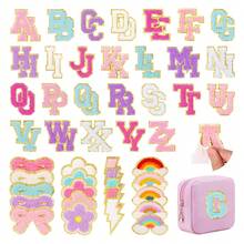 Preppy Chenille Patches Self Adhesive Embroidered For DIY Clothing,Include 52 A-Z Chenille Letter Patches Stickers,20 Rainbow Flower Lighting Bowknot Stick On Patches For Backpacks Hats Jackets - abc - 查看 1