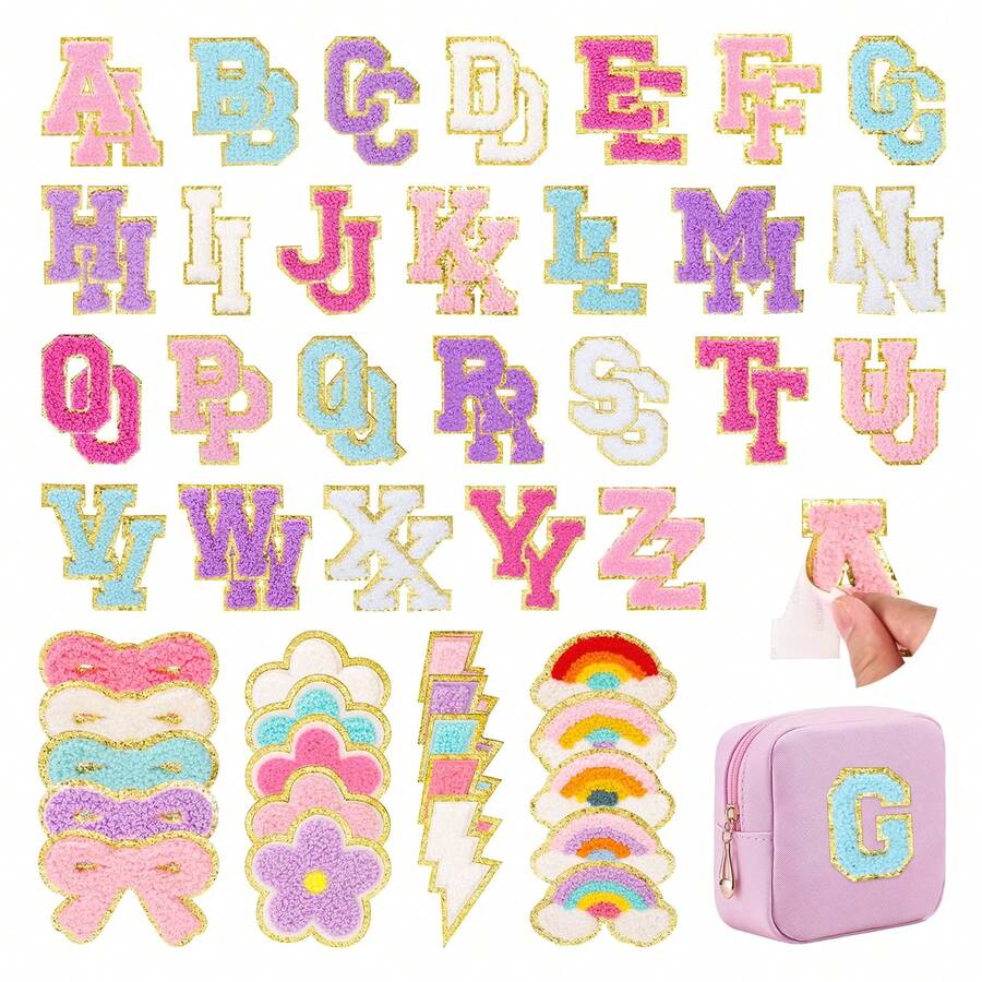 Preppy Chenille Patches Self Adhesive Embroidered For DIY Clothing,Include 52 A-Z Chenille Letter Patches Stickers,20 Rainbow Flower Lighting Bowknot Stick On Patches For Backpacks Hats Jackets - abc - 查看 1
