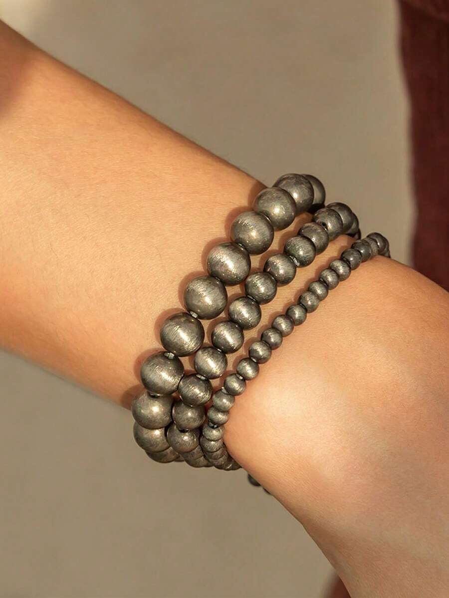 3pcs Faux Pearl Black Pearl Bracelet Set For Women, Fashionable And Simple Western Cowboy-Style Faux Pearl Beaded Elastic Layered Bracelet Set, Fashion Jewelry, Birthday Gift, Christmas Gift, Friendship Gift, Western Cowboy Jewelry