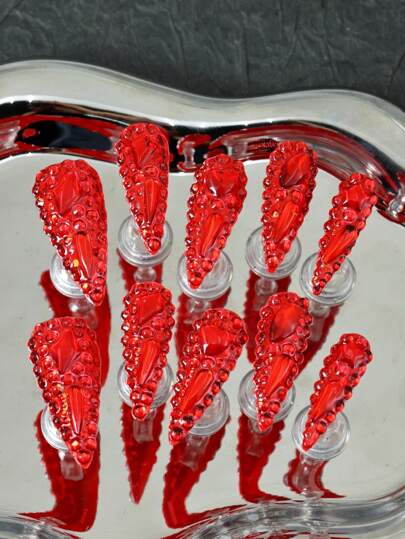 Y2K 10Pcs Red Stiletto Handmade European And American Ins Style Press On Nails Set Full Rhinestones Explosion Design Supremely Fit Natural Reusable For Women And Girls Includes Jelly Adhesive & Nail File Christmas Nail Halloween Nail Nail Supplies Nails