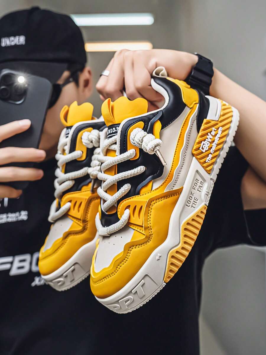 New Men Skate Shoes Patchwork Casual Lace-Up Low-Top Versatile Comfortable Outdoor Sports Sneakers, Suitable For All Seasons - Màu vàng - Xem 1