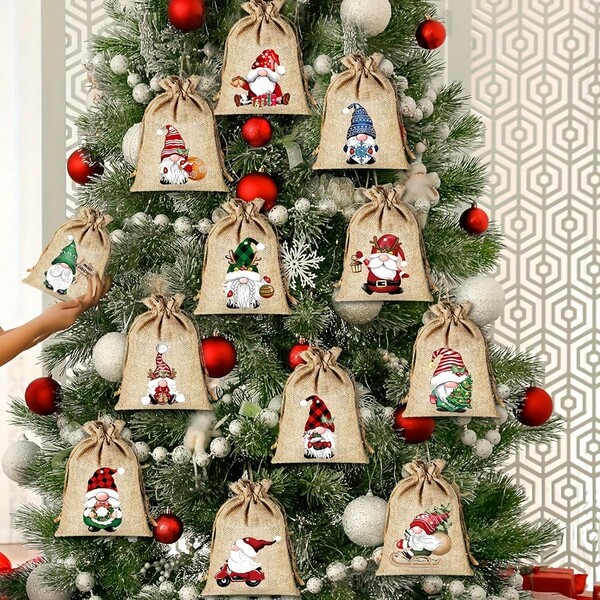 5.12x7.09inch 12/24pcs Set Random Pattern Burlap Gift Bags For Jewelry, Candy, And Small Items - Festive Party Christmas Celebration DIY Jute Storage Pouches