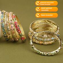 Enamel Bracelet With Hollow Leaf & 3 Floral Rhinestone Inlaid, Slim Openable Vintage Style Jewelry For Women (Batch Color May Vary Slightly Due To Handpainted Crafting)