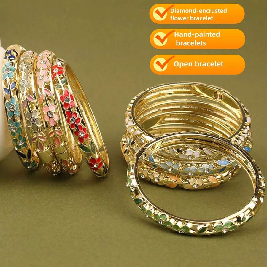 Enamel Bracelet With Hollow Leaf & 3 Floral Rhinestone Inlaid, Slim Openable Vintage Style Jewelry For Women (Batch Color May Vary Slightly Due To Handpainted Crafting)