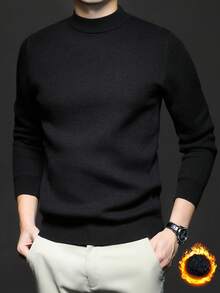 男士立领长袖纯色休闲套头毛衣，秋冬季保暖厚针织衫 - 黑色 - 查看 4