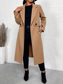 Abrigo largo de talla grande de unicolor y elegante con diseño cruzado doble, cuello con muesca, manga larga, ajuste regular, para mujer, de moda para el uso diario en otoño/invierno