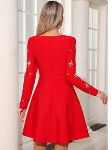 Elegant Solid Color Shiny Zipper Rhinestone A-Line Dress, Polyester Fabric, Romantic Party, Wedding, Formal Occasion, Stage Performance, Autumn/Winter - Đỏ - Xem 6