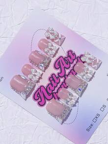 手工鸭嘴形指甲贴，Y2K 坏蛋风格，裸色和棕色指甲板，法式指甲贴，金色蝴蝶，手工刺绣，珍珠，水钻，白色花朵，金色亮片，心形图案，10 件/包，3 种尺寸可选，适合派对、舞会、日常佩戴，包含工具包，是送给女士和女孩的绝佳礼物，按压式指甲，美甲用品，美甲 - 白色 - 查看 3