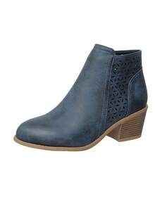 Botas cortas de otoño 2025 para mujer de talla grande, zapatos de estilo clásico del oeste americano para ir al trabajo, color azul sólido con tacón grueso hueco y tacón medio, con cremallera lateral en los tobillos