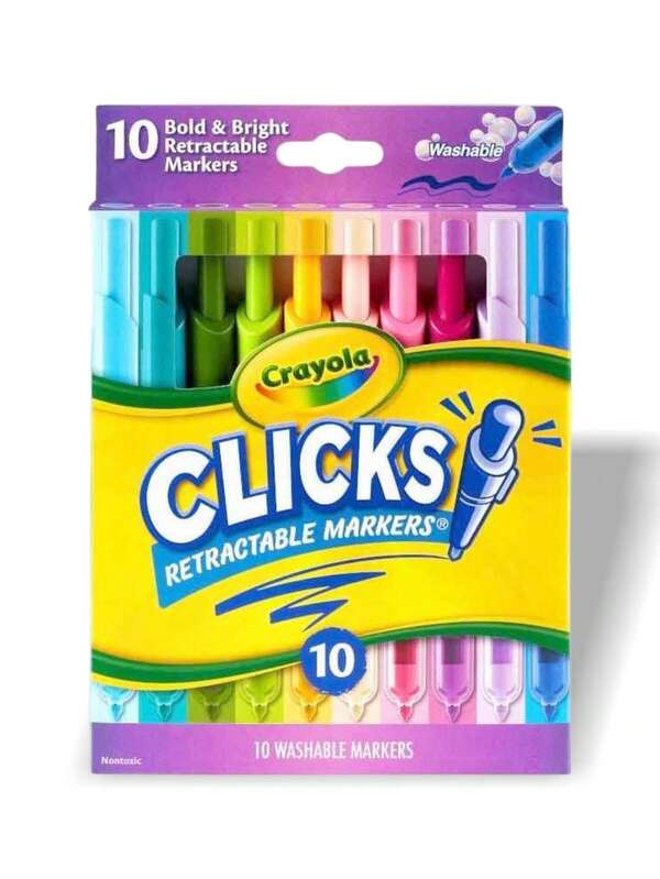 Crayola 10ct Washable CLICKS Retractable Markers, Bold/Bright Colors – Cap-Free, No-Dry, Kids School Supplies, Retractable Design, Musical/Wedding Season Gift