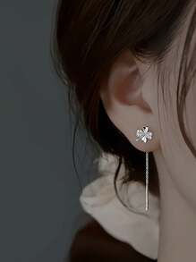 S925 纯银穿线花流苏耳环耳钉，幸运花三叶草设计简约经典风格耳环珠宝适合女性日常佩戴 - 銀色 - 查看 6