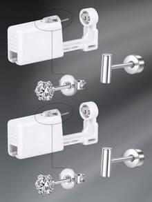 CIZME 4 件/套时尚不锈钢方晶锆石心形仿珍珠平背耳环，带穿耳枪，自穿耳套装 - 一次性穿耳枪，带预装耳钉，家用自穿耳枪套装，软骨耳环，男女皆宜，可作为日常装饰 - 銀色/金色 - 查看 12