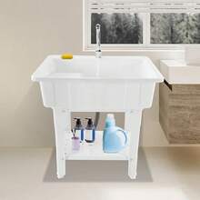 Freestanding Plastic Laundry Sink With Washboard, Indoor And Outdoor Utility Sink With Cold And Hot Water Faucet, Hoses And Drain Kit For Laundry Room, Garage, Basement, Garden - White - View 3