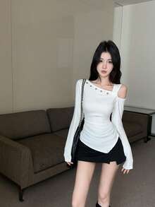 韩版设计不对称肩长袖T恤上衣，春季款