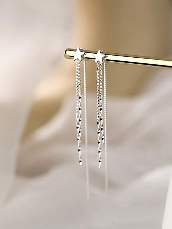 1 paire de boucles d'oreilles à franges en étoile et papillon en argent sterling S925 pour femmes, boucles d'oreilles pendantes longues, convient pour un port quotidien, la rentrée scolaire, les voyages, les anniversaires, la Saint-Valentin, Thanksgiving, Noël