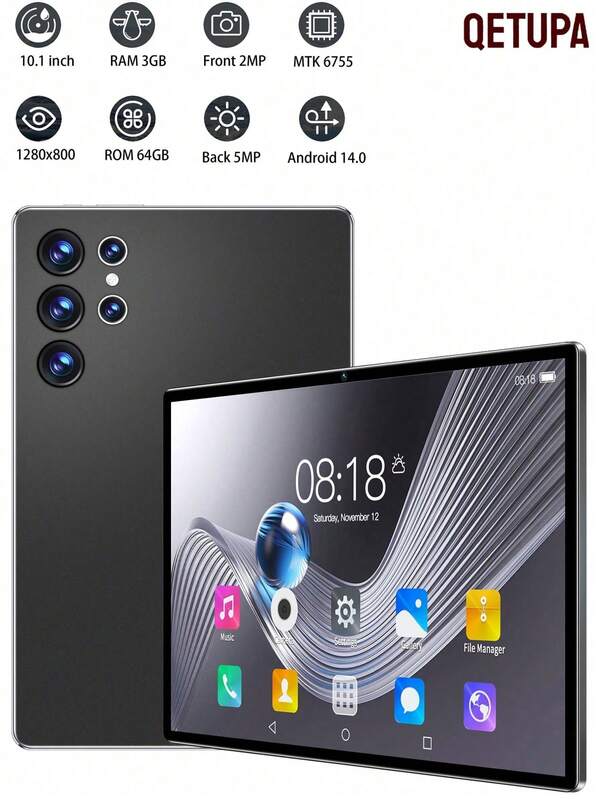 Qetupa Z50 10.1-Inch Android 14 Tablet, 3GB RAM + 64GB ROM, MTK 6755 Octa-Core 1.8GHZ Processor, HD (1280x800) IPS Touch Screen, Bluetooth 5.2 And 802.11ac WiFi5, GPS, 2-Megapixel Front Camera And 5-Megapixel Rear Camera, 6000mAh Large-Capacity Battery, Does Not Support SIM Cards, Supports Reading And Gaming.