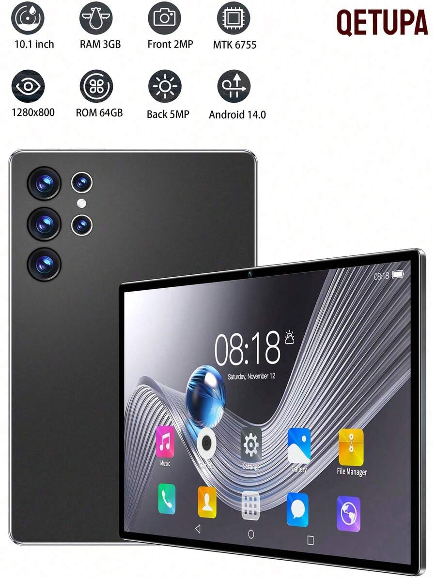 Qetupa 10.1英寸安卓14平板电脑，3GB运行内存+64GB机身存储，MTK 6755八核1.8GHz处理器，高清(1280x800) IPS触控屏，支持蓝牙5.2和802.11ac WiFi 5，内置GPS，前置200万像素摄像头，后置500万像素摄像头，配备6000mAh大容量电池，不支持SIM卡，适合阅读和游戏。