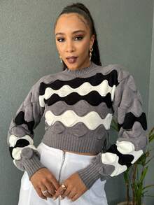Striped Cropped Top Knitted Modal Office Daily Home Travel - 灰色與黑色 - 查看 1