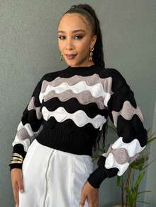 Striped Cropped Top Knitted Modal Office Daily Home Travel - 黑色與灰色 - 查看 1