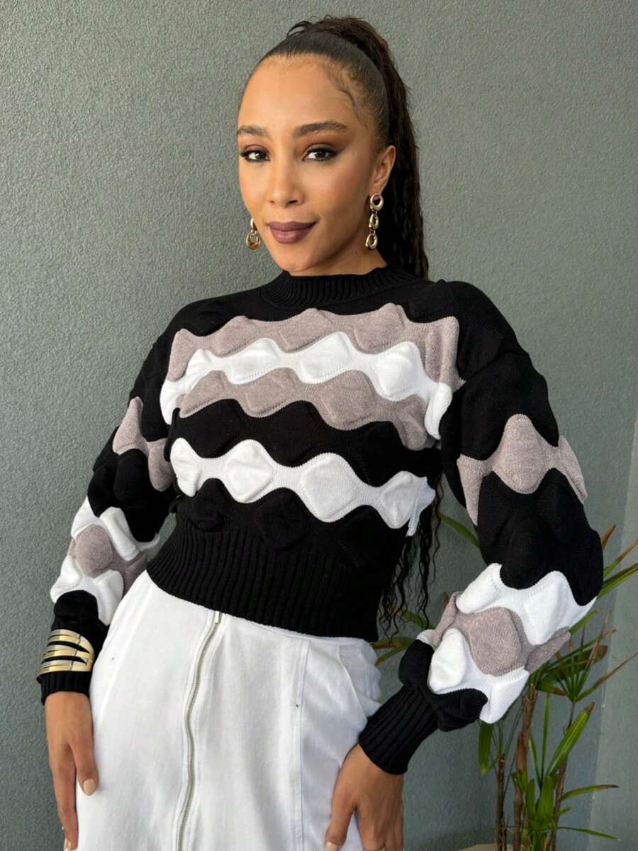 Striped Cropped Top Knitted Modal Office Daily Home Travel - 黑色與灰色 - 查看 1