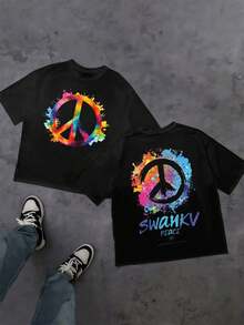Tie-Dye T-Shirt With Peace Symbol, Men's Double-Sided Print T-Shirt, Modern, Casual, Round Neck, 220 G/M2, Pure Cotton (1 Piece) - 黑色 - 查看 1