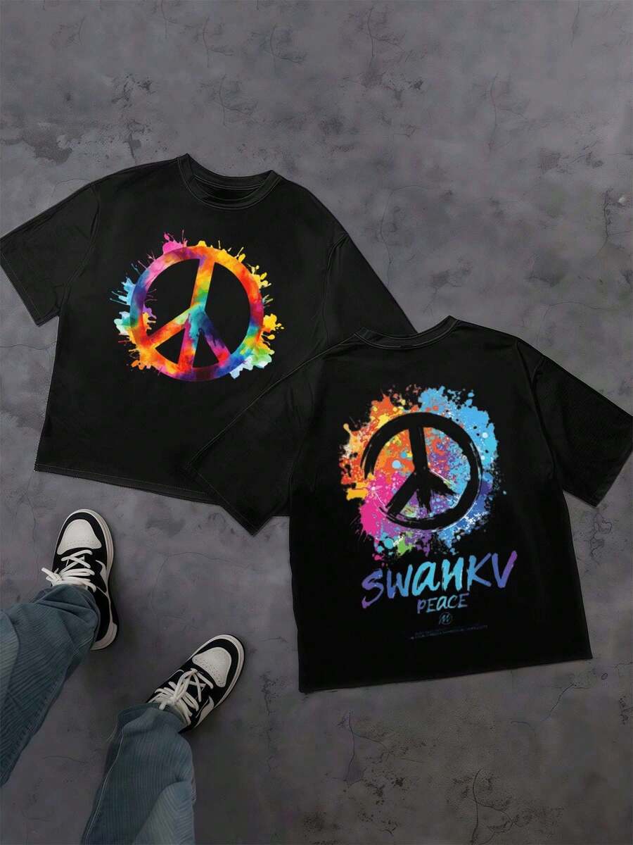Tie-Dye T-Shirt With Peace Symbol, Men's Double-Sided Print T-Shirt, Modern, Casual, Round Neck, 220 G/M2, Pure Cotton (1 Piece) - 黑色 - 查看 1