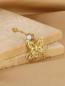 Custom Name Belly Ring, Zirconia Belly Ring, Customized Navel Ring, Belly Button Ring, Personalized Name Belly Ring, Gift For Her. Birthday Gifts Valentine's Day Gifts - Golden Butterfly - View 3