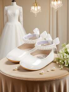 Nowe, płaskie buty Mary Jane dla dziewczynek, z kokardką, antypoślizgowa, miękka podeszwa z PU, buty do chodzenia dla małych dzieci, zdobione perłową satynową wstążką - Biały - Zobacz 14