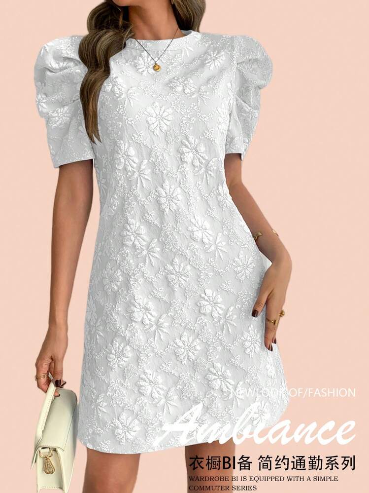 Women Short Dress Bubble Sleeve Textured Jacquard Round Neck Retro