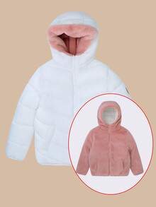 青少年女孩双面夹棉外套，厚实，两侧各有 2 个口袋，毛绒衬里，适合圣诞派对和冬季 - 白色 - 查看 4