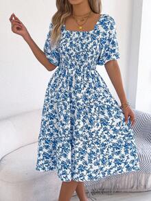 Summer Blue Floral Off Shoulder Midi Dress For Women, Smocked Puff Sleeve A Line Casual Vacation Dress - 藍色 - 查看 4