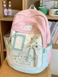 Zaino da donna alla moda, semplice e versatile, zaino bicolore, adatto per il ritorno a scuola, stile college di nicchia, fiocco nastro casual, zaino da viaggio leggero e piccolo