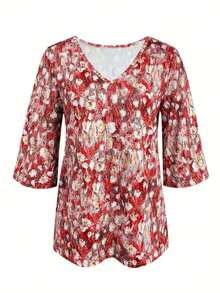 Floral Print V-Neck T-Shirt, 3/4 Sleeve Vacation & Everyday Top, Women Apparel - Red - View 2