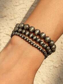 3pcs Faux Pearl Black Pearl Bracelet Set For Women, Fashionable And Simple Western Cowboy-Style Faux Pearl Beaded Elastic Layered Bracelet Set, Fashion Jewelry, Birthday Gift, Christmas Gift, Friendship Gift, Western Cowboy Jewelry