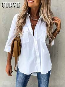 加大休闲通勤纯色翻领衬衫