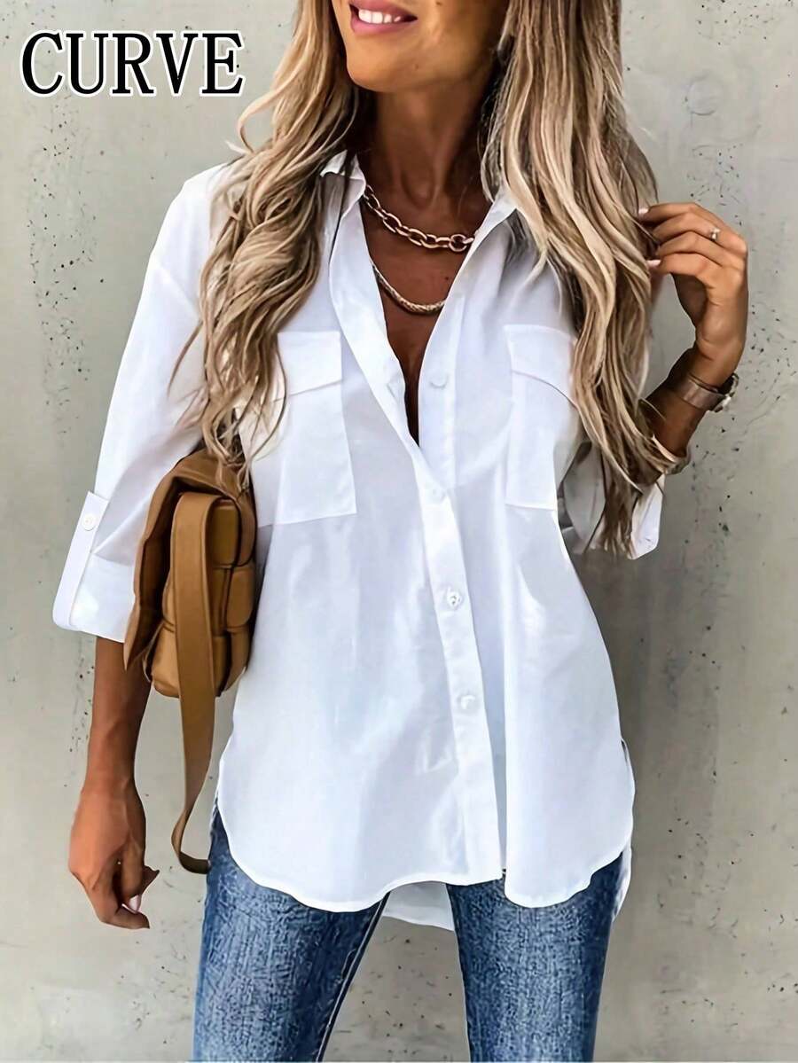 加大休闲通勤纯色翻领衬衫