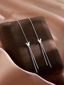 1 对 S925 纯银星星和蝴蝶流苏耳环，适合女士，长垂坠穿线耳环，适合日常佩戴、返校、旅行、周年纪念、情人节、感恩节、圣诞节