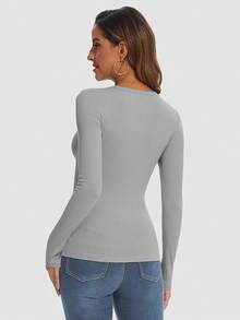 Womens Long Sleeve Crewneck Ribbed Tops Fall Fitted Stretch Casual Basic Shirts 2025 - A-grey - View 3