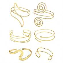 6件铁合金金臂环套装金属简约风格开口手镯适合女士夏季海滩度假、休闲约会佩戴