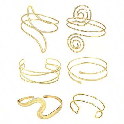Set de 6 piezas de brazalete de aleación de hierro dorado, estilo minimalista y abierto. Adecuado para que las mujeres los usen en vacaciones de playa de verano, citas informales