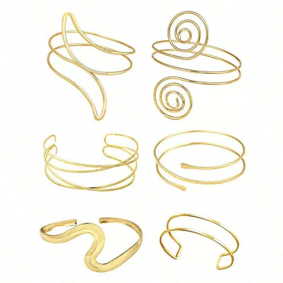 6件铁合金金臂环套装金属简约风格开口手镯适合女士夏季海滩度假、休闲约会佩戴