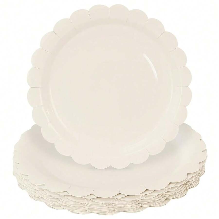 50 Pieces Green Paper Plates 9 Inch Green Scalloped Plates Disposable Dinner Plate For Wedding Shower Birthday Party-372722 - 象牙色扇貝形紙盤 - 查看 1