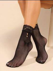 8 Pairs Random Women Lace Socks, Hollow Out Socks, Fashionable Sexy Mid-Calf Socks, Liner Socks - Black - View 3