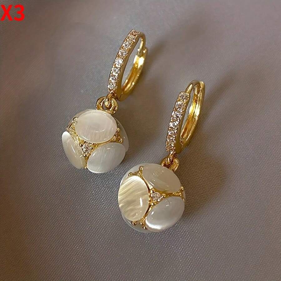 3 Pairs Of Exquisite Spherical Designs, Moon Stone Inlaid Pendant Earrings, Elegant And Luxurious Style Copper Jewelry, Exquisite Women's Gift - 3雙(款式1) - 查看 1