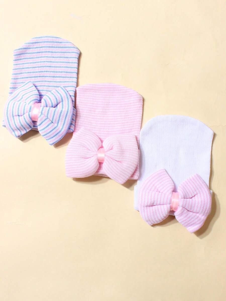 Set de 3 gorros de bebé recién nacido con lazo tejido, adecuado para otoño/invierno