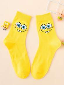 SpongeBob SquarePants 1 Pair Funny Personalized Cartoon SpongeBob Eye Expression Two-Tone Jacquard Mid-Calf Socks, Sports Style, All Season, EU Sizing, Comfortable Breathable , Colorful, Suitable For Daily Wear, Premium Fabric, Non-Stuffy - Multicolor - View 2