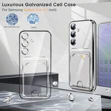 Hadaasi 1 pieza Funda protectora de tarjetas con electrochapado negro y ranuras para tarjetas, carcasa ultrafina transparente con amortiguación brillante, funda protectora de silicona transparente a prueba de golpes, compatible con Samsung Galaxy S25Ultra/S25Plus/S25/S25Edge/S25FE/S24Ultra/S24Plus/S24/S23Ultra/S23Plus/S23/A56/A36/A26/A55/A35/A25/A15/A24/A34/A14/A16/A06