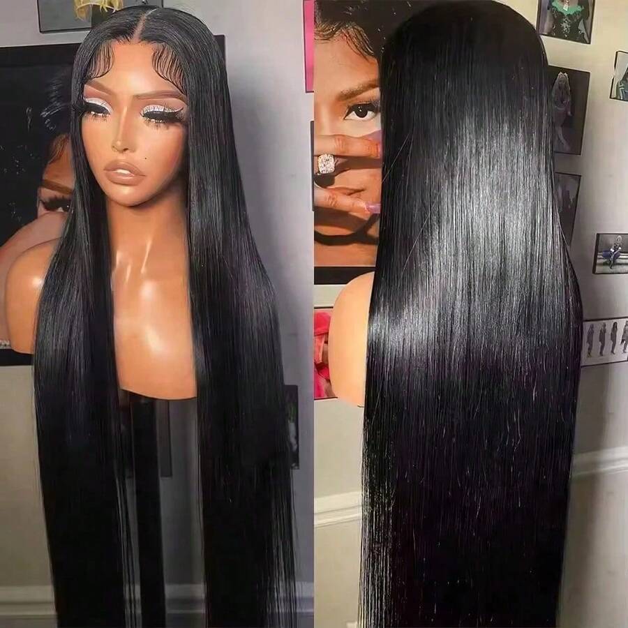 34 Inch 200% Density 13*4/13x6 HD Transparent Lace Front Wigs Pre Plucked Straight Human Hair Wigs Lace Frontal Wigs Baby Hair Natural Black - 自然色&黑色系 - 查看 1